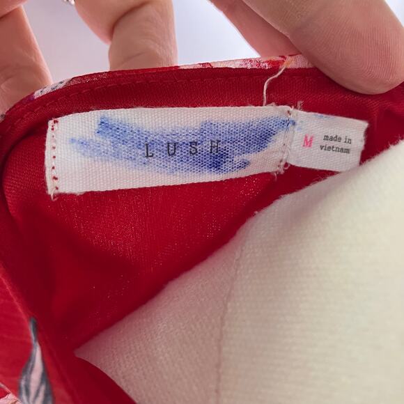 Lush Red Floral Wrap Dress Women's Medium Short Sleeve Ruffle Chiffon Lined - Picture 5 of 15